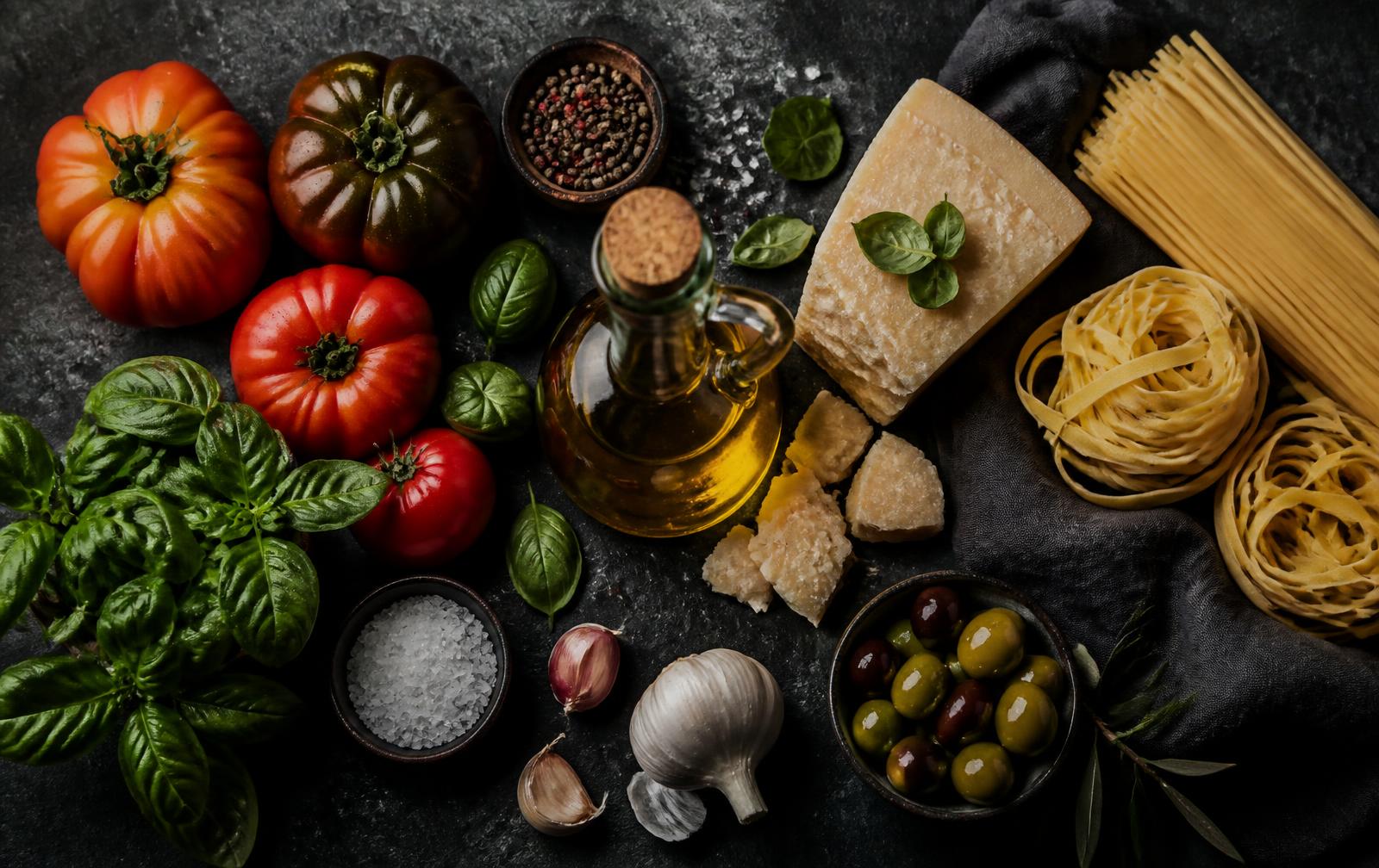 Italian ingredients arranged on dark stone